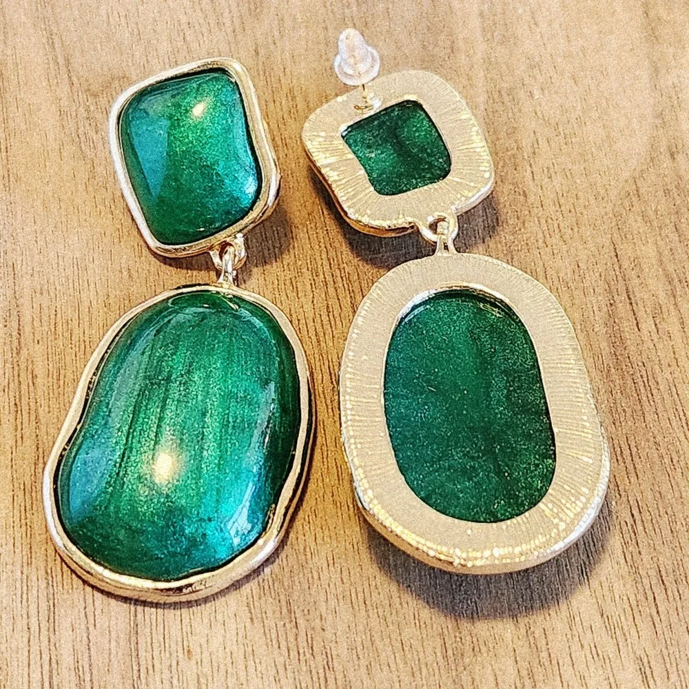 Emerald Green Gold Tone Marbled Resin Drop Statement Earrings Two Tier Dangle